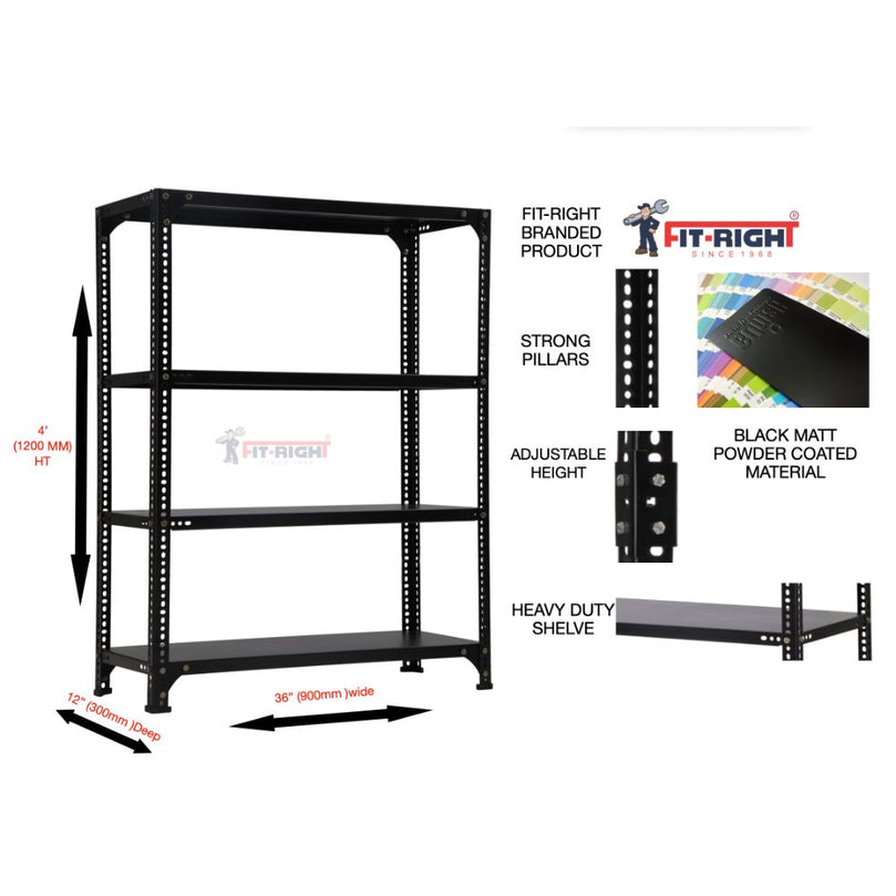 FIT-RIGHT SLOTTED ANGLES RACKS 1200MM (48") HT X 1200MM(48") WIDE X 375MM (15") DEEP 4 LEVELS LOAD CAPACITY OF 50-60 KGS, POWDER COATED BLACK, ANGLES 1.8MM (15G), SHELVES 22G