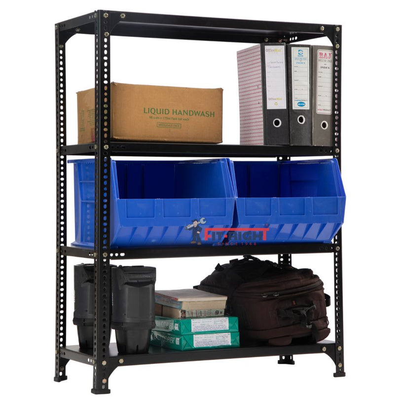 FIT-RIGHT SLOTTED ANGLES RACKS 1200MM (48") HT X 1200MM(48") WIDE X 300MM (12") DEEP 4 LEVELS LOAD CAPACITY OF 50-60 KGS, POWDER COATED BLACK, ANGLES 1.8MM (15G), SHELVES 22G