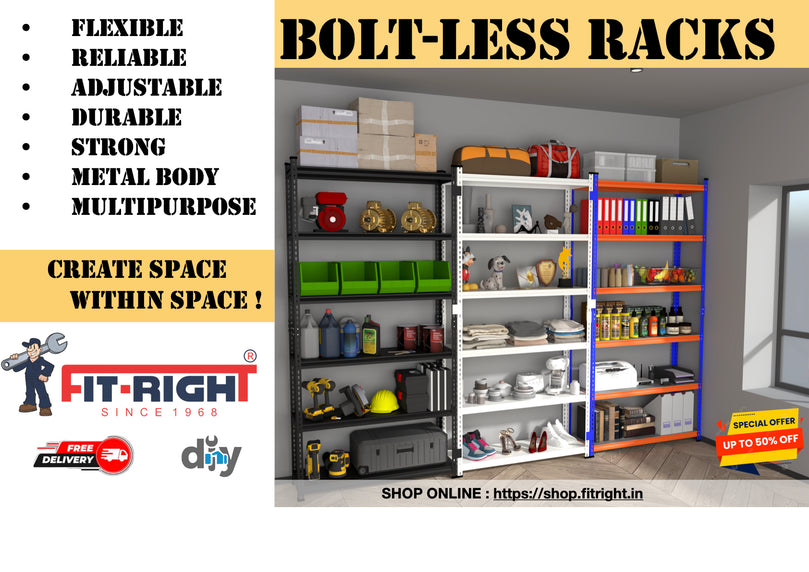 FIT-RIGHT BOLTLESS RACKS 1500MM (60") HT X 900MM (36") WIDE X 375MM (15") DEEP 5 LEVELS LOAD CAPACITY OF 100 KGS PER LEVEL, POWDER COATED FULL METAL BODY, BLUE/ORANGE