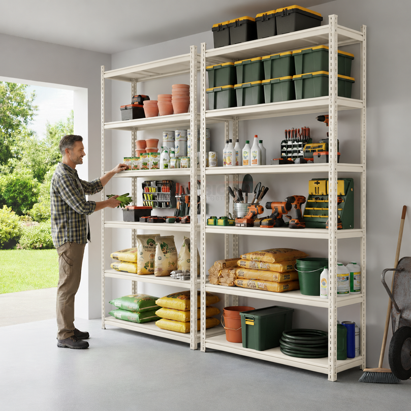 FIT-RIGHT BOLTLESS RACKS 2000MM (78") HT X 900MM (36") WIDE X 300MM (12") DEEP 6 LEVELS LOAD CAPACITY OF 100 KGS PER LEVEL, POWDER COATED FULL METAL BODY, IVORY