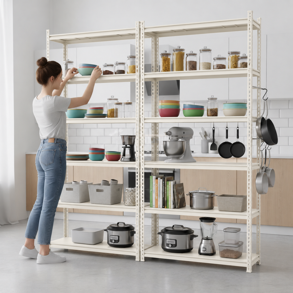 FIT-RIGHT BOLTLESS RACKS 2000MM (78") HT X 900MM (36") WIDE X 300MM (12") DEEP 6 LEVELS LOAD CAPACITY OF 100 KGS PER LEVEL, POWDER COATED FULL METAL BODY, IVORY
