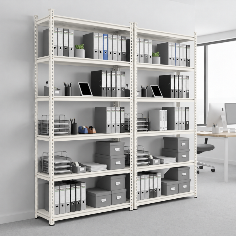 FIT-RIGHT BOLTLESS RACKS 2000MM (78") HT X 900MM (36") WIDE X 300MM (12") DEEP 6 LEVELS LOAD CAPACITY OF 100 KGS PER LEVEL, POWDER COATED FULL METAL BODY, IVORY