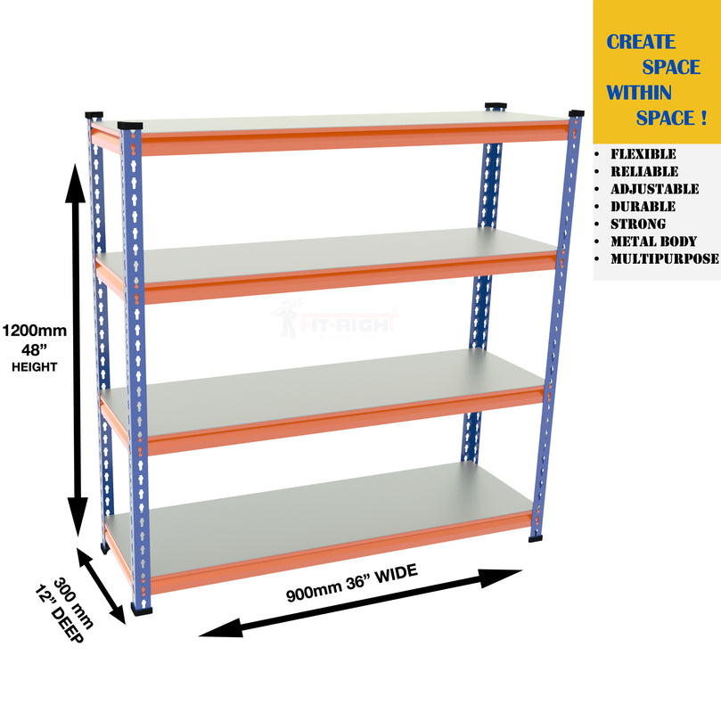 FIT-RIGHT BOLTLESS RACKS 1200MM (48") HT X 900MM (36") WIDE X 300MM (12") DEEP 4 LEVELS LOAD CAPACITY OF 100 KGS PER LEVEL, POWDER COATED FULL METAL BODY, BLUE/ORANGE