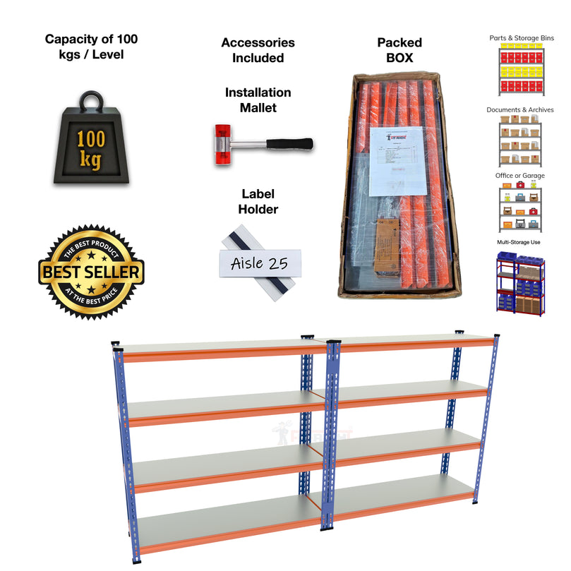 FIT-RIGHT BOLTLESS RACKS 1200MM (48") HT X 900MM (36") WIDE X 300MM (12") DEEP 4 LEVELS LOAD CAPACITY OF 100 KGS PER LEVEL, POWDER COATED FULL METAL BODY, BLUE/ORANGE