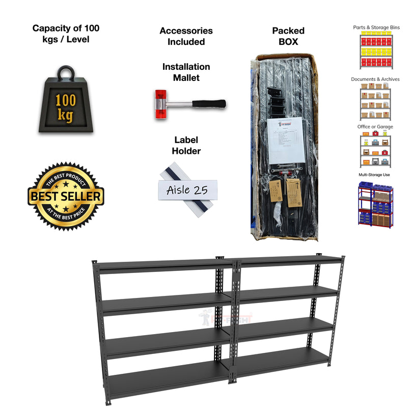 FIT-RIGHT BOLTLESS RACKS 1200MM (48") HT X 1200MM (48") WIDE X 300MM (12") DEEP 4 LEVELS LOAD CAPACITY OF 100 KGS PER LEVEL, POWDER COATED FULL METAL BODY, BLACK MATT
