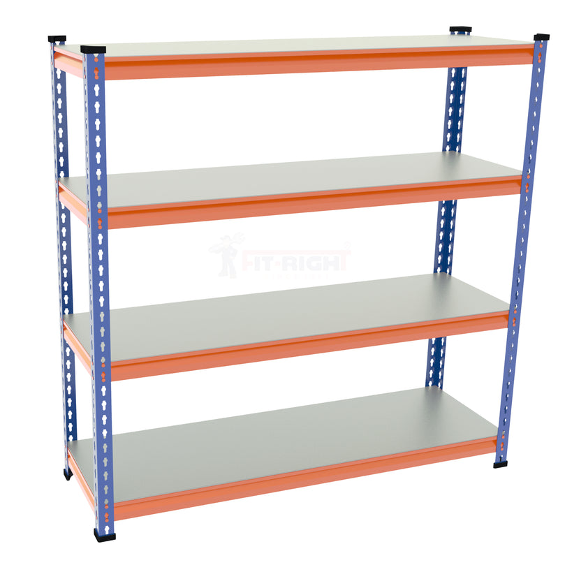 FIT-RIGHT BOLTLESS RACKS 1200MM (48") HT X 1200MM (48") WIDE X 300MM (12") DEEP 4 LEVELS LOAD CAPACITY OF 100 KGS PER LEVEL, POWDER COATED FULL METAL BODY, BLUE/ORANGE