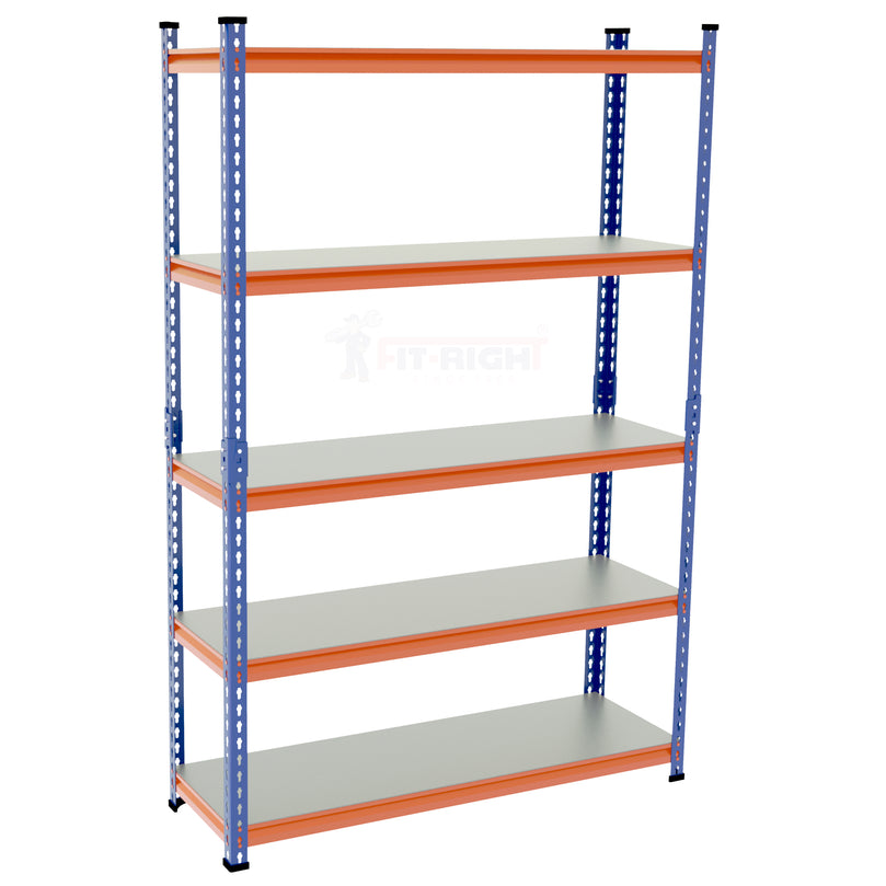 FIT-RIGHT BOLTLESS RACKS 1800MM (72") HT X 900MM (36") WIDE X 300MM (12") DEEP 5 LEVELS LOAD CAPACITY OF 100 KGS PER LEVEL, POWDER COATED FULL METAL BODY, BLUE/ORANGE