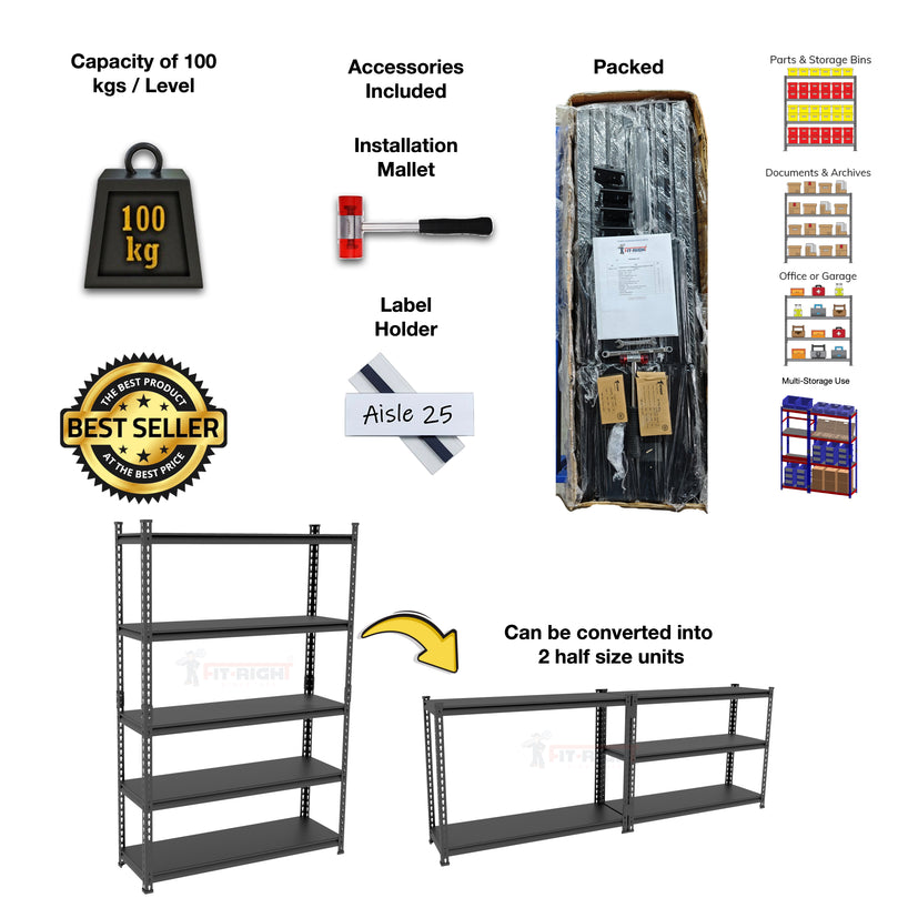 FIT-RIGHT BOLTLESS RACKS 1800MM (72") HT X 900MM (36") WIDE X 375MM (15") DEEP 5 LEVELS LOAD CAPACITY OF 100 KGS PER LEVEL, POWDER COATED FULL METAL BODY, BLACK MATT