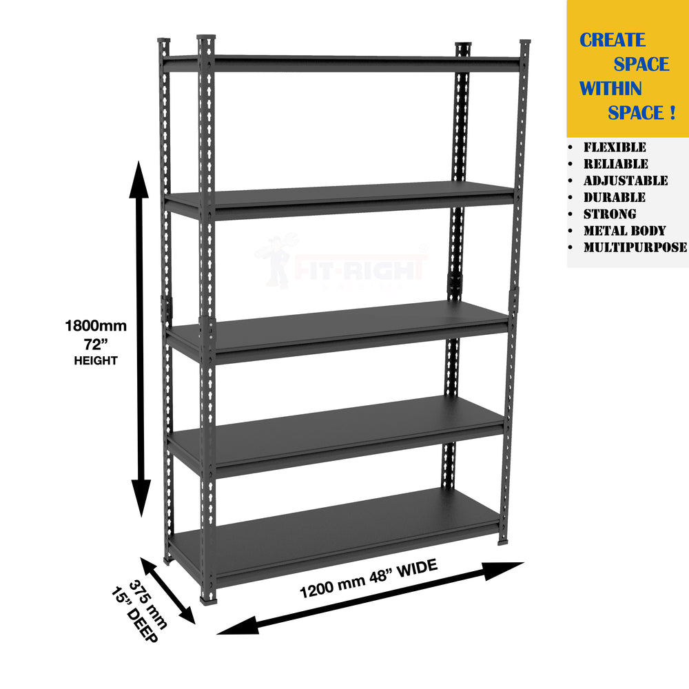 FIT-RIGHT BOLTLESS RACKS 1800MM (72") HT X 1200MM (48") WIDE X 375MM (15") DEEP 5 LEVELS LOAD CAPACITY OF 100 KGS PER LEVEL, POWDER COATED FULL METAL BODY, BLACK MATT