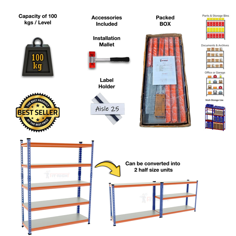 FIT-RIGHT BOLTLESS RACKS 1500MM (60") HT X 900MM (36") WIDE X 300MM (12") DEEP 5 LEVELS LOAD CAPACITY OF 100 KGS PER LEVEL, POWDER COATED FULL METAL BODY, BLUE/ORANGE