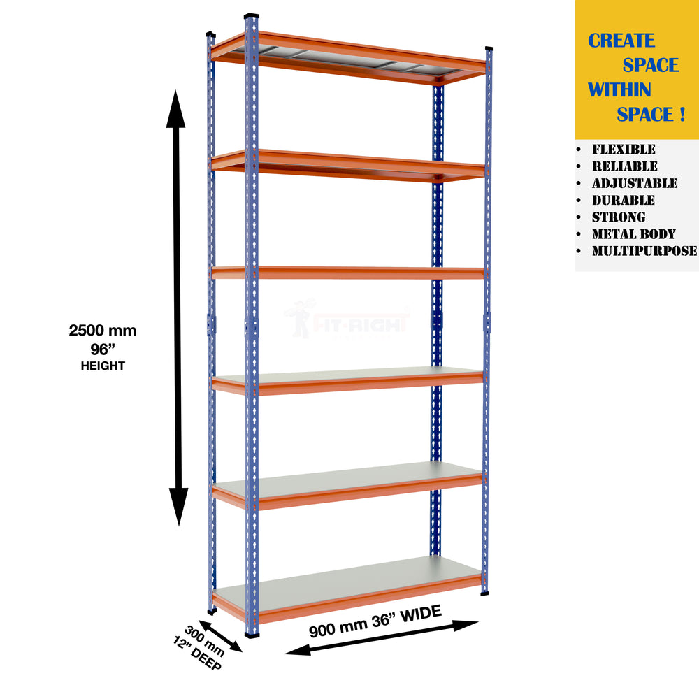 FIT-RIGHT BOLTLESS RACKS 2500MM (96") HT X 900MM (36") WIDE X 300MM (12") DEEP 6 LEVELS LOAD CAPACITY OF 100 KGS PER LEVEL, POWDER COATED FULL METAL BODY, BLUE/ORANGE