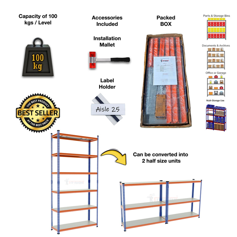FIT-RIGHT BOLTLESS RACKS 2500MM (96") HT X 900MM (36") WIDE X 300MM (12") DEEP 6 LEVELS LOAD CAPACITY OF 100 KGS PER LEVEL, POWDER COATED FULL METAL BODY, BLUE/ORANGE