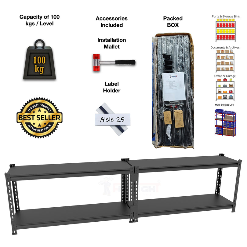 FIT-RIGHT BOLTLESS RACKS 600MM (24") HT X 900MM (36") WIDE X 300MM (12") DEEP 2 LEVELS LOAD CAPACITY OF 100 KGS PER LEVEL, POWDER COATED FULL METAL BODY, BLACK MATT