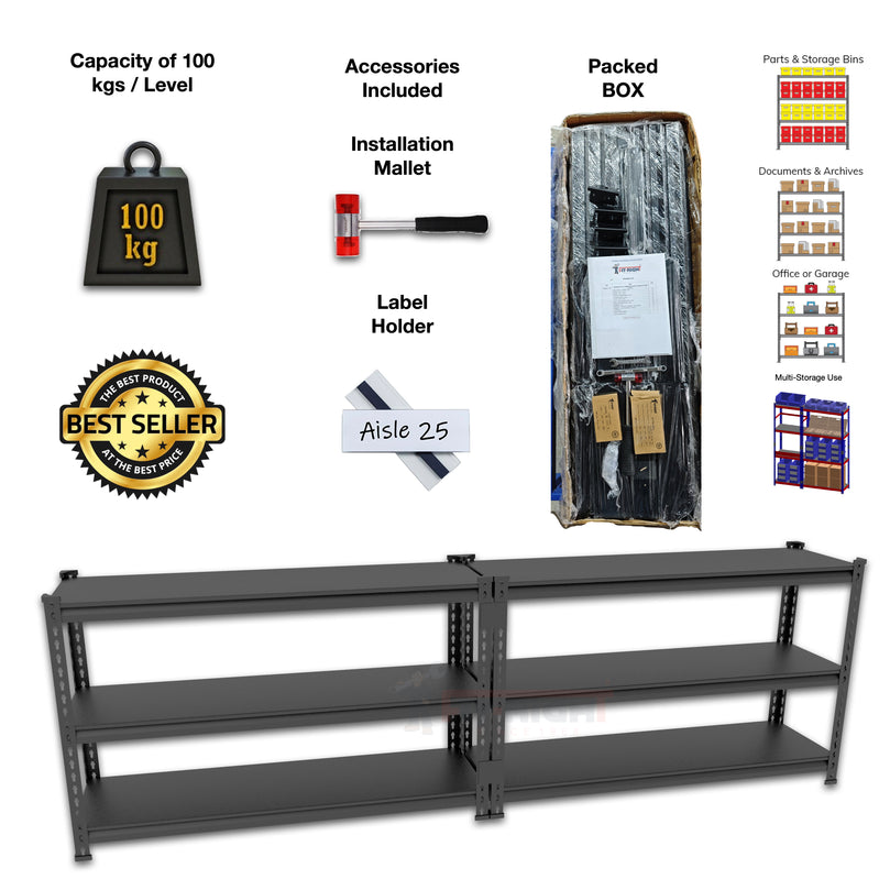 FIT-RIGHT BOLTLESS RACKS 750MM (30") HT X 900MM (36") WIDE X 300MM (12") DEEP 3 LEVELS LOAD CAPACITY OF 100 KGS PER LEVEL, POWDER COATED FULL METAL BODY, BLACK MATT