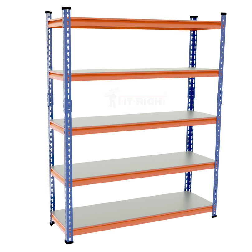 FIT-RIGHT BOLTLESS RACKS 1500MM (60") HT X 1200MM (48") WIDE X 300MM (12") DEEP 5 LEVELS LOAD CAPACITY OF 100 KGS PER LEVEL, POWDER COATED FULL METAL BODY, BLUE/ORANGE