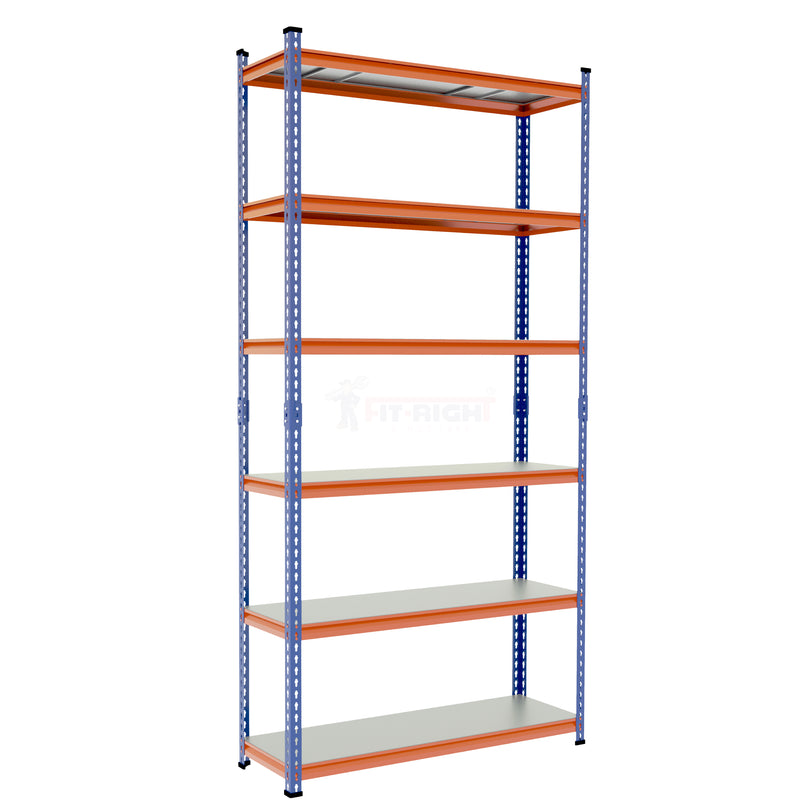 FIT-RIGHT BOLTLESS RACKS 2500MM (96") HT X 1200MM (48") WIDE X 300MM (12") DEEP 6 LEVELS LOAD CAPACITY OF 100 KGS PER LEVEL, POWDER COATED FULL METAL BODY, BLUE/ORANGE