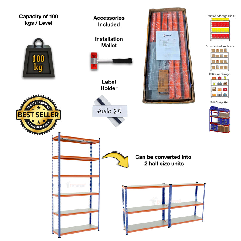 FIT-RIGHT BOLTLESS RACKS 2500MM (96") HT X 1200MM (48") WIDE X 300MM (12") DEEP 6 LEVELS LOAD CAPACITY OF 100 KGS PER LEVEL, POWDER COATED FULL METAL BODY, BLUE/ORANGE