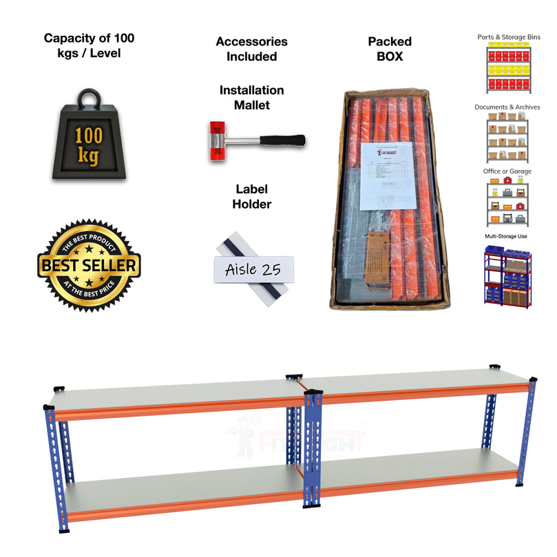 FIT-RIGHT BOLTLESS RACKS 600MM (24") HT X 900MM (36") WIDE X 375MM (15") DEEP 2 LEVELS LOAD CAPACITY OF 100 KGS PER LEVEL, POWDER COATED FULL METAL BODY, BLUE/ORANGE