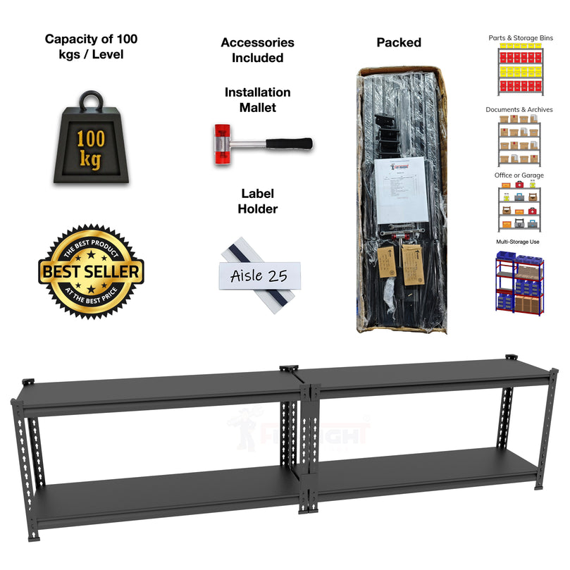 FIT-RIGHT BOLTLESS RACKS 600MM (24") HT X 900MM (36") WIDE X 375MM (15") DEEP 2 LEVELS LOAD CAPACITY OF 100 KGS PER LEVEL, POWDER COATED FULL METAL BODY, BLACK MATT