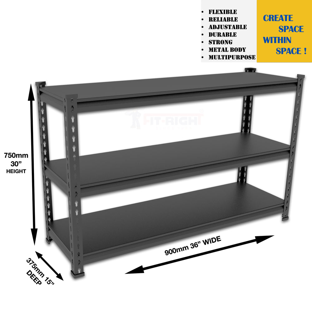FIT-RIGHT BOLTLESS RACKS 750MM (30") HT X 900MM (36") WIDE X 375MM (15") DEEP 3 LEVELS LOAD CAPACITY OF 100 KGS PER LEVEL, POWDER COATED FULL METAL BODY, BLACK MATT