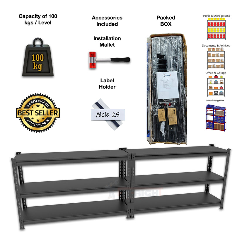 FIT-RIGHT BOLTLESS RACKS 750MM (30") HT X 900MM (36") WIDE X 375MM (15") DEEP 3 LEVELS LOAD CAPACITY OF 100 KGS PER LEVEL, POWDER COATED FULL METAL BODY, BLACK MATT