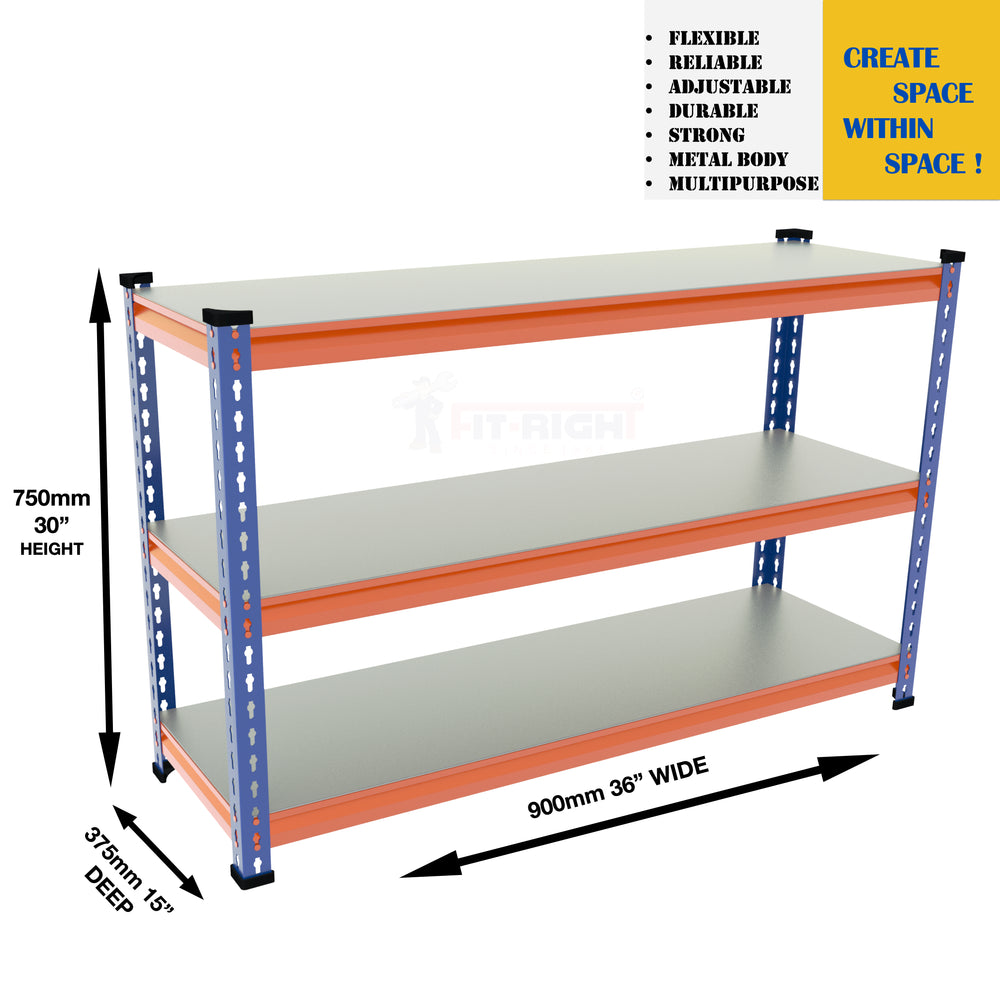 FIT-RIGHT BOLTLESS RACKS 750MM (30") HT X 900MM (36") WIDE X 375MM (15") DEEP 3 LEVELS LOAD CAPACITY OF 100 KGS PER LEVEL, POWDER COATED FULL METAL BODY, BLUE/ORANGE