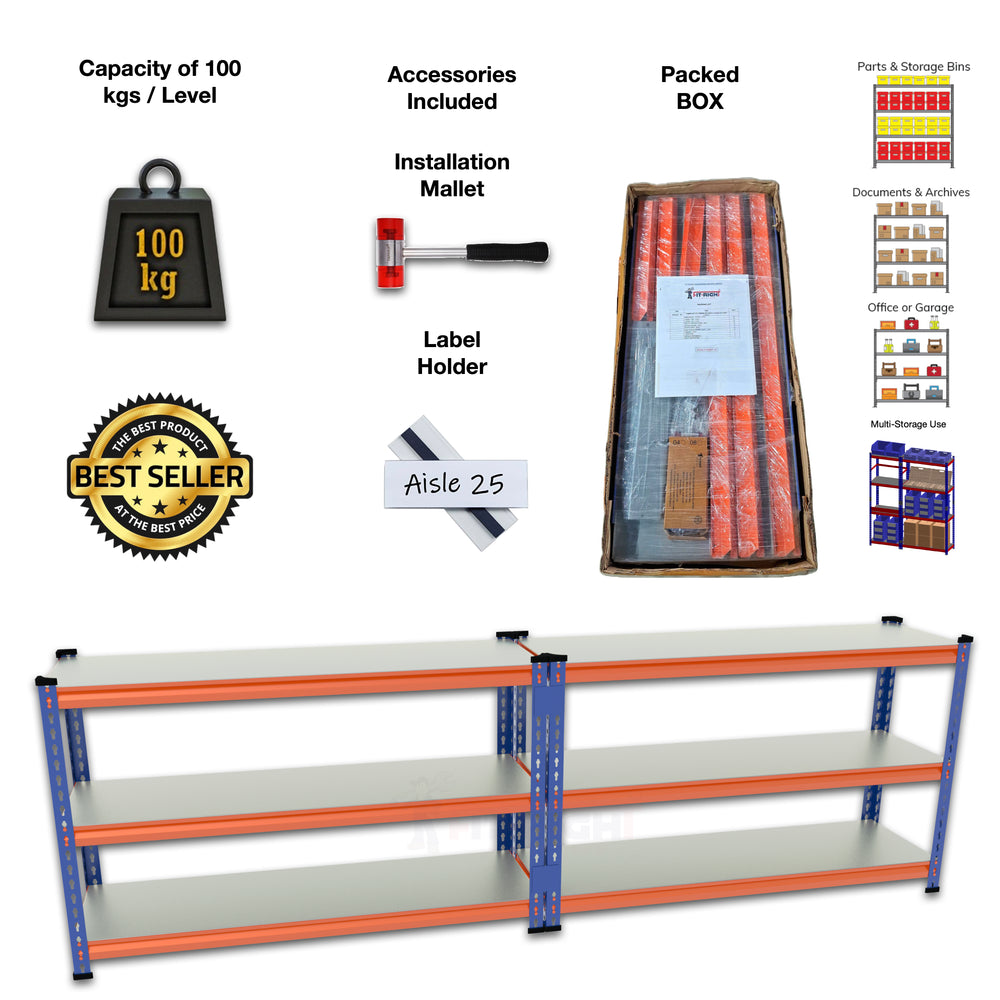 FIT-RIGHT BOLTLESS RACKS 750MM (30") HT X 900MM (36") WIDE X 375MM (15") DEEP 3 LEVELS LOAD CAPACITY OF 100 KGS PER LEVEL, POWDER COATED FULL METAL BODY, BLUE/ORANGE