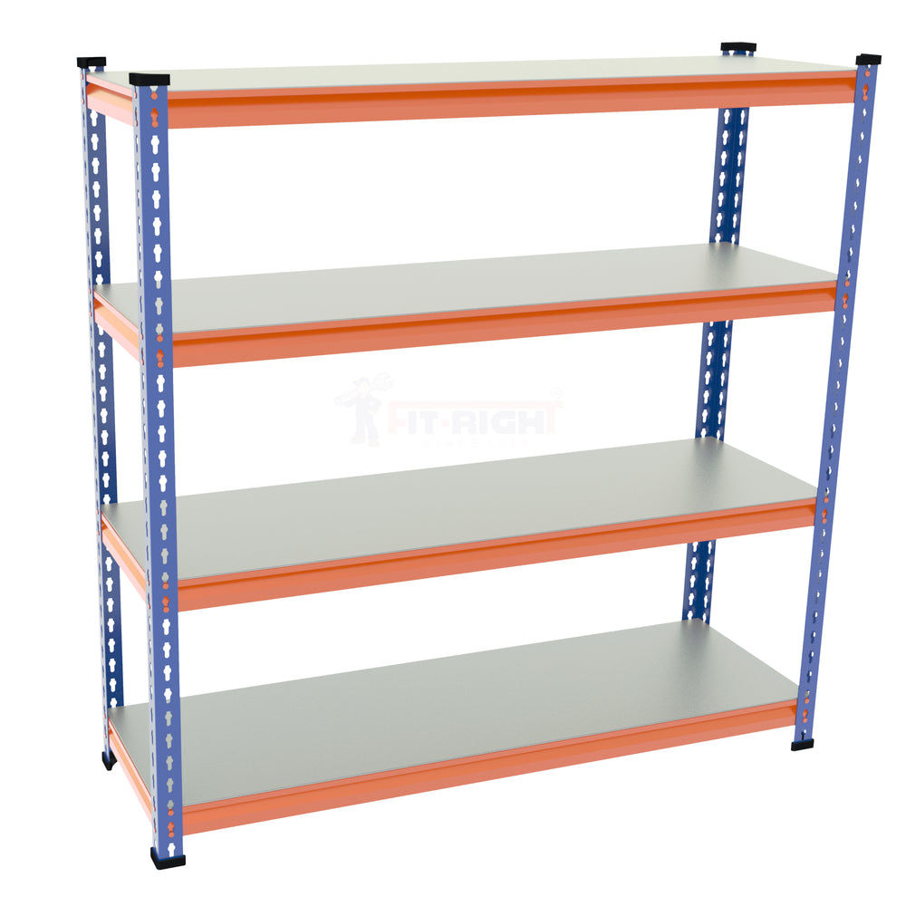 FIT-RIGHT BOLTLESS RACKS 1200MM (48") HT X 1200MM (48") WIDE X 375MM (15") DEEP 4 LEVELS LOAD CAPACITY OF 100 KGS PER LEVEL, POWDER COATED FULL METAL BODY, BLUE/ORANGE