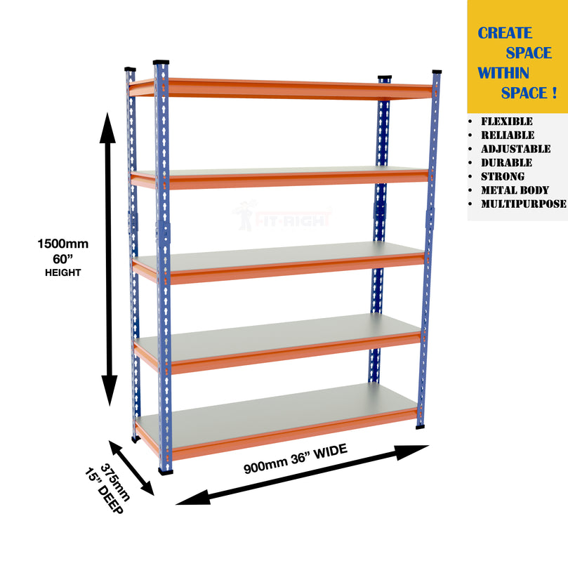 FIT-RIGHT BOLTLESS RACKS 1500MM (60") HT X 900MM (36") WIDE X 375MM (15") DEEP 5 LEVELS LOAD CAPACITY OF 100 KGS PER LEVEL, POWDER COATED FULL METAL BODY, BLUE/ORANGE