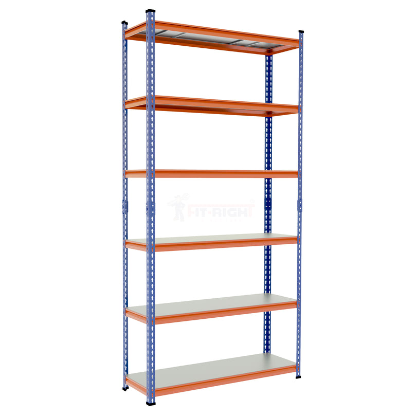 FIT-RIGHT BOLTLESS RACKS 2500MM (96") HT X 900MM (36") WIDE X 375MM (15") DEEP 6 LEVELS LOAD CAPACITY OF 100 KGS PER LEVEL, POWDER COATED FULL METAL BODY, BLUE/ORANGE