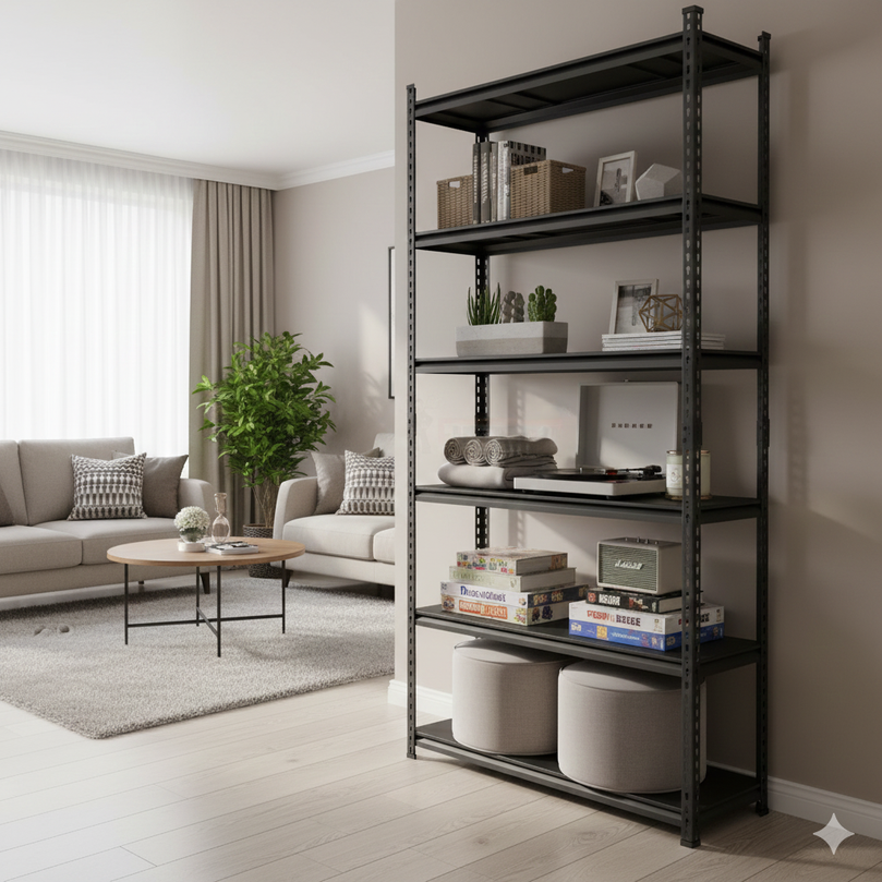 FIT-RIGHT BOLTLESS RACKS 2500MM (96") HT X 900MM (36") WIDE X 300MM (12") DEEP 6 LEVELS LOAD CAPACITY OF 100 KGS PER LEVEL, POWDER COATED FULL METAL BODY, BLACK MATT