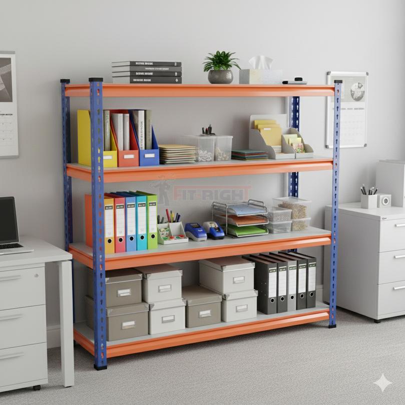 FIT-RIGHT BOLTLESS RACKS 1200MM (48") HT X 1200MM (48") WIDE X 375MM (15") DEEP 4 LEVELS LOAD CAPACITY OF 100 KGS PER LEVEL, POWDER COATED FULL METAL BODY, BLUE/ORANGE