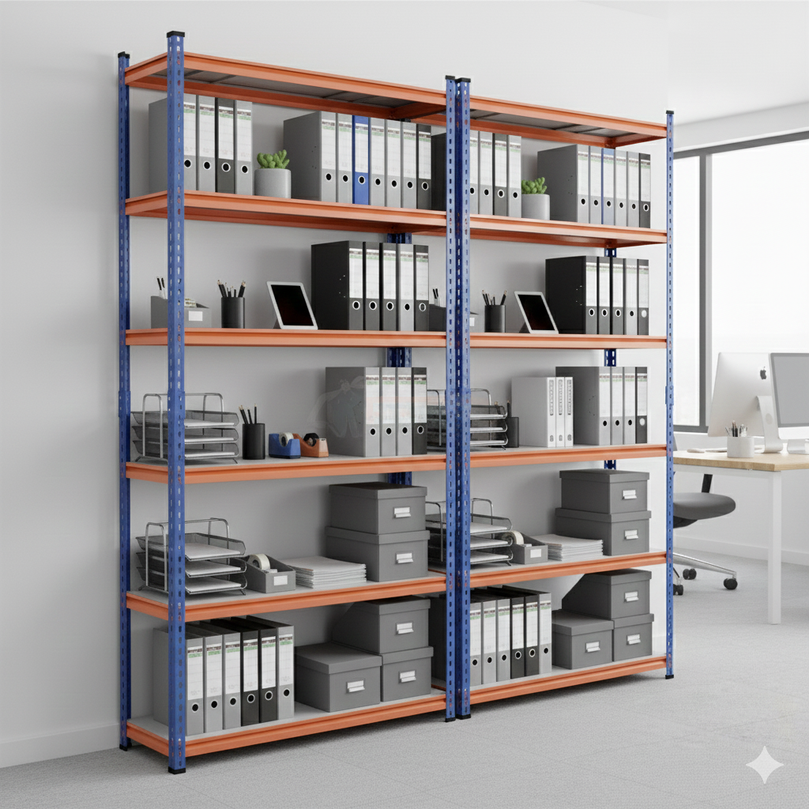 FIT-RIGHT BOLTLESS RACKS 2500MM (96") HT X 900MM (36") WIDE X 300MM (12") DEEP 6 LEVELS LOAD CAPACITY OF 100 KGS PER LEVEL, POWDER COATED FULL METAL BODY, BLUE/ORANGE