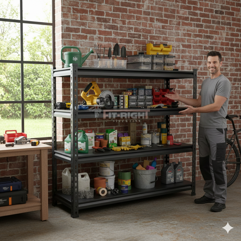 FIT-RIGHT BOLTLESS RACKS 1200MM (48") HT X 1200MM (48") WIDE X 375MM (15") DEEP 4 LEVELS LOAD CAPACITY OF 100 KGS PER LEVEL, POWDER COATED FULL METAL BODY, BLACK MATT