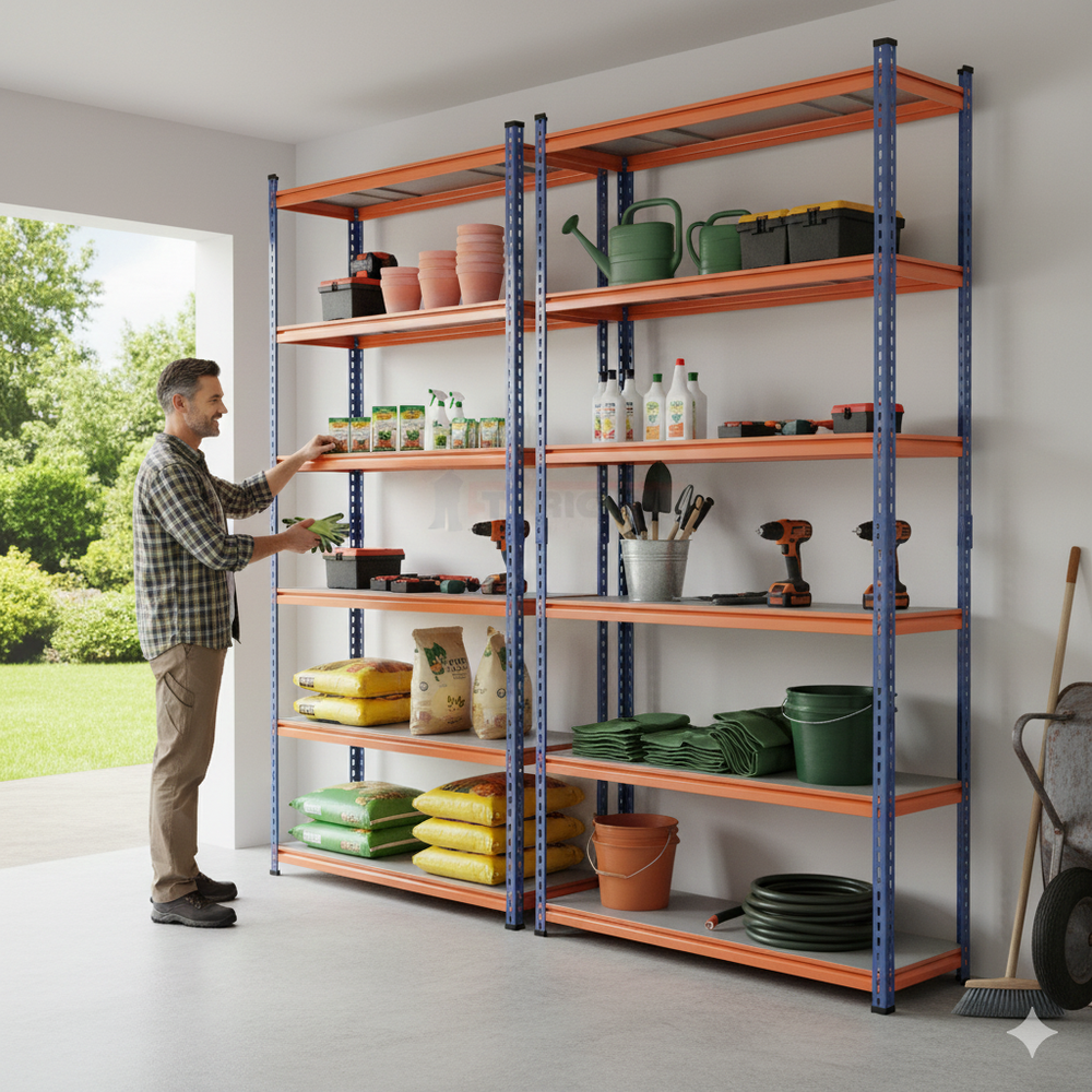 FIT-RIGHT BOLTLESS RACKS 2500MM (96") HT X 900MM (36") WIDE X 375MM (15") DEEP 6 LEVELS LOAD CAPACITY OF 100 KGS PER LEVEL, POWDER COATED FULL METAL BODY, BLUE/ORANGE