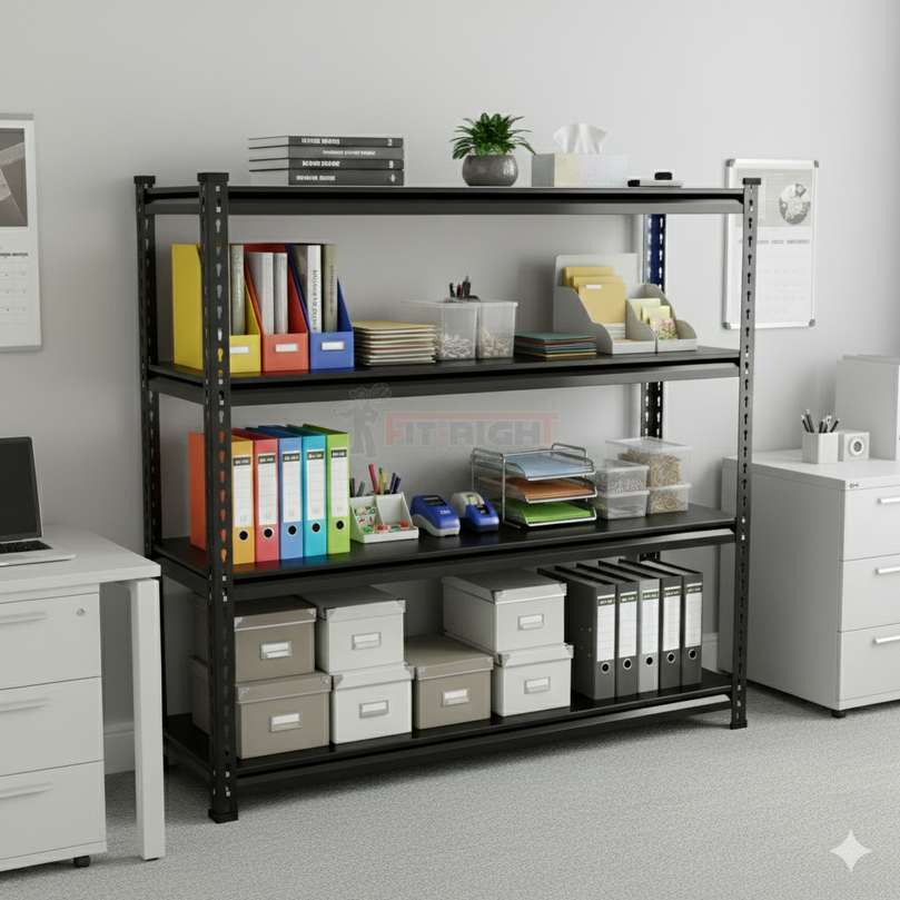 FIT-RIGHT BOLTLESS RACKS 1200MM (48") HT X 1200MM (48") WIDE X 375MM (15") DEEP 4 LEVELS LOAD CAPACITY OF 100 KGS PER LEVEL, POWDER COATED FULL METAL BODY, BLACK MATT