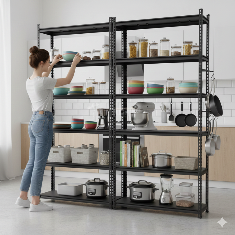 FIT-RIGHT BOLTLESS RACKS 2500MM (96") HT X 900MM (36") WIDE X 300MM (12") DEEP 6 LEVELS LOAD CAPACITY OF 100 KGS PER LEVEL, POWDER COATED FULL METAL BODY, BLACK MATT