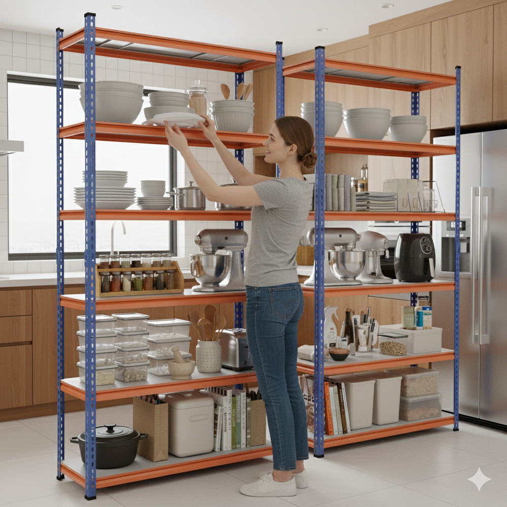 FIT-RIGHT BOLTLESS RACKS 2500MM (96") HT X 1200MM (48") WIDE X 300MM (12") DEEP 6 LEVELS LOAD CAPACITY OF 100 KGS PER LEVEL, POWDER COATED FULL METAL BODY, BLUE/ORANGE