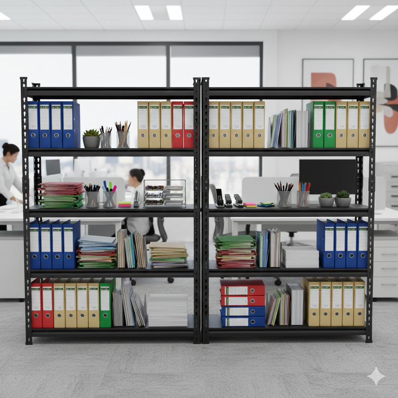 FIT-RIGHT BOLTLESS RACKS 1500MM (60") HT X 1200MM (48") WIDE X 300MM (12") DEEP 5 LEVELS LOAD CAPACITY OF 100 KGS PER LEVEL, POWDER COATED FULL METAL BODY, BLACK MATT