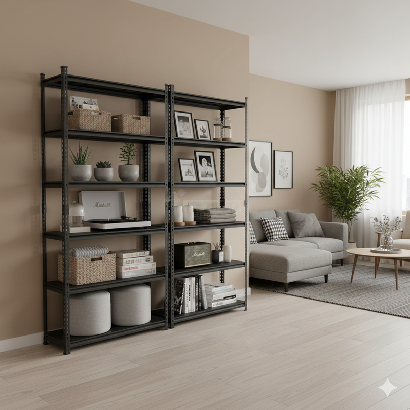 FIT-RIGHT BOLTLESS RACKS 2500MM (96") HT X 900MM (36") WIDE X 300MM (12") DEEP 6 LEVELS LOAD CAPACITY OF 100 KGS PER LEVEL, POWDER COATED FULL METAL BODY, BLACK MATT