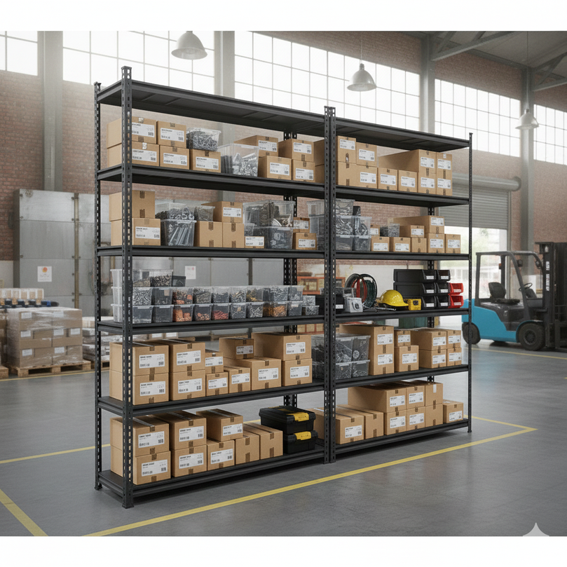 FIT-RIGHT BOLTLESS RACKS 2500MM (96") HT X 900MM (36") WIDE X 300MM (12") DEEP 6 LEVELS LOAD CAPACITY OF 100 KGS PER LEVEL, POWDER COATED FULL METAL BODY, BLACK MATT