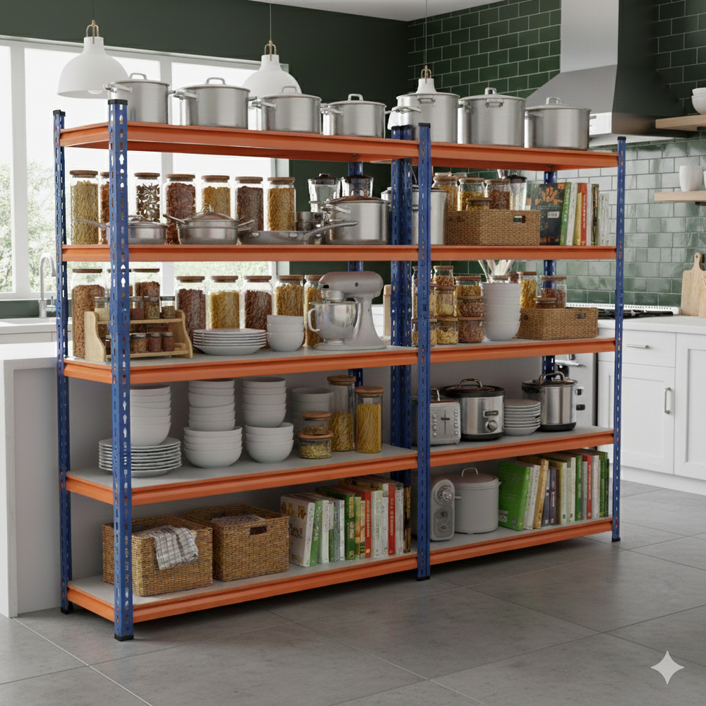 FIT-RIGHT BOLTLESS RACKS 2500MM (96") HT X 1200MM (48") WIDE X 450MM (18") DEEP 5 LEVELS LOAD CAPACITY OF 100 KGS PER LEVEL, POWDER COATED FULL METAL BODY, BLUE/ORANGE