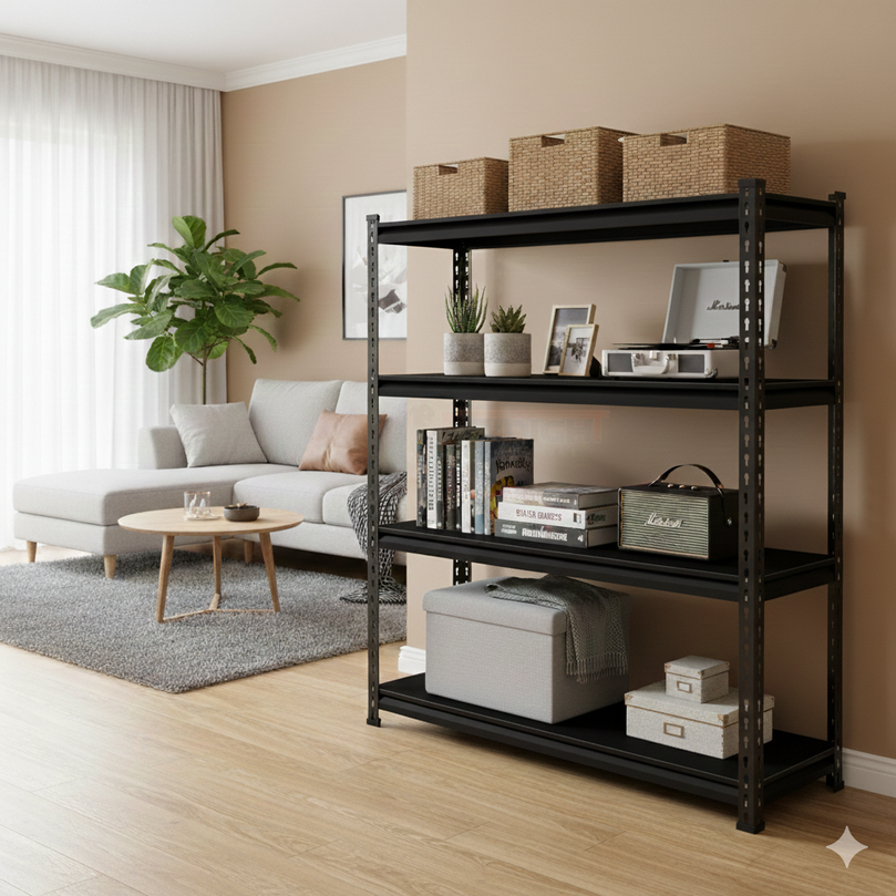 FIT-RIGHT BOLTLESS RACKS 1200MM (48") HT X 1200MM (48") WIDE X 375MM (15") DEEP 4 LEVELS LOAD CAPACITY OF 100 KGS PER LEVEL, POWDER COATED FULL METAL BODY, BLACK MATT