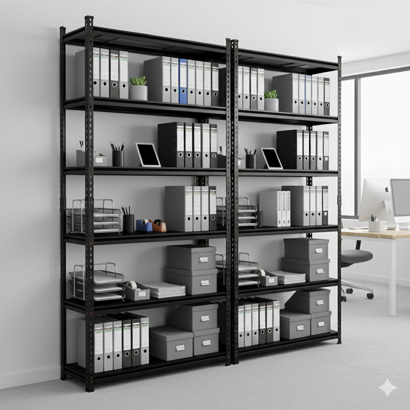 FIT-RIGHT BOLTLESS RACKS 2500MM (96") HT X 900MM (36") WIDE X 300MM (12") DEEP 6 LEVELS LOAD CAPACITY OF 100 KGS PER LEVEL, POWDER COATED FULL METAL BODY, BLACK MATT