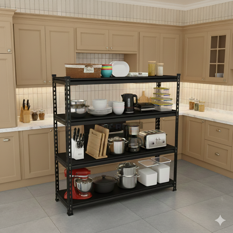 FIT-RIGHT BOLTLESS RACKS 1200MM (48") HT X 1200MM (48") WIDE X 375MM (15") DEEP 4 LEVELS LOAD CAPACITY OF 100 KGS PER LEVEL, POWDER COATED FULL METAL BODY, BLACK MATT