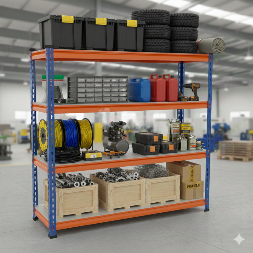 FIT-RIGHT BOLTLESS RACKS 1200MM (48") HT X 1200MM (48") WIDE X 375MM (15") DEEP 4 LEVELS LOAD CAPACITY OF 100 KGS PER LEVEL, POWDER COATED FULL METAL BODY, BLUE/ORANGE