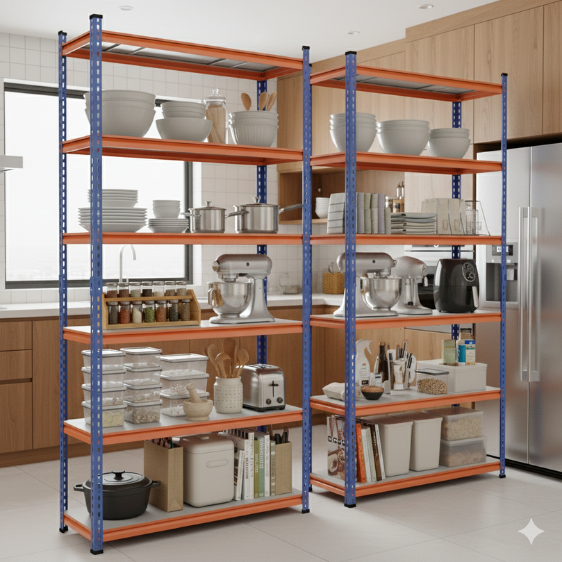 FIT-RIGHT BOLTLESS RACKS 2500MM (96") HT X 900MM (36") WIDE X 300MM (12") DEEP 6 LEVELS LOAD CAPACITY OF 100 KGS PER LEVEL, POWDER COATED FULL METAL BODY, BLUE/ORANGE