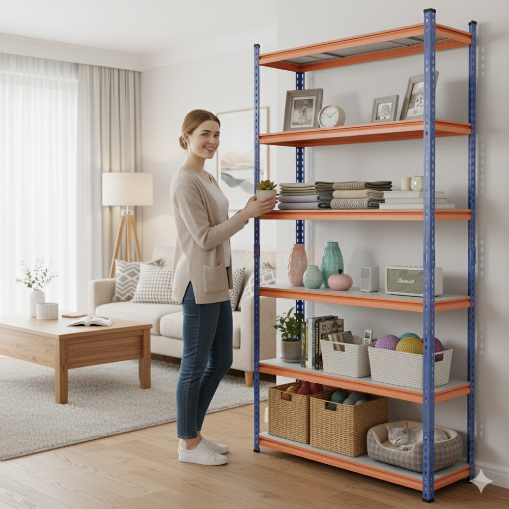 FIT-RIGHT BOLTLESS RACKS 2500MM (96") HT X 1200MM (48") WIDE X 375MM (15") DEEP 6 LEVELS LOAD CAPACITY OF 100 KGS PER LEVEL, POWDER COATED FULL METAL BODY, BLUE/ORANGE