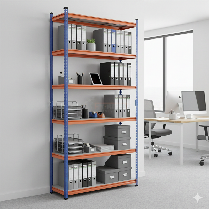 FIT-RIGHT BOLTLESS RACKS 2500MM (96") HT X 900MM (36") WIDE X 300MM (12") DEEP 6 LEVELS LOAD CAPACITY OF 100 KGS PER LEVEL, POWDER COATED FULL METAL BODY, BLUE/ORANGE