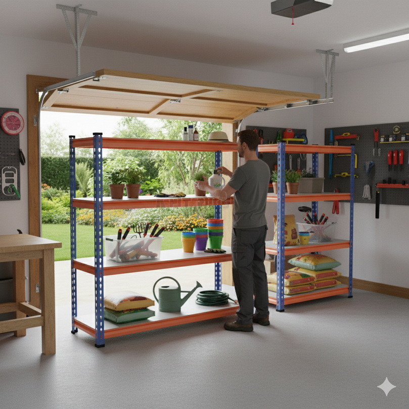 FIT-RIGHT BOLTLESS RACKS 1200MM (48") HT X 1200MM (48") WIDE X 375MM (15") DEEP 4 LEVELS LOAD CAPACITY OF 100 KGS PER LEVEL, POWDER COATED FULL METAL BODY, BLUE/ORANGE